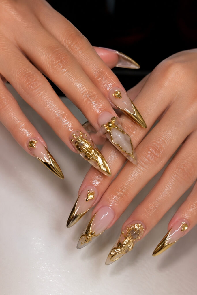 Caramel Stiletto nails With Chrome Details