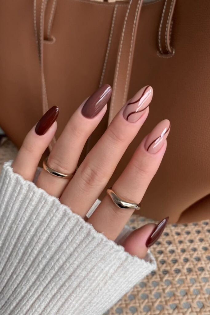 Caramel Square nails With Gold Waves