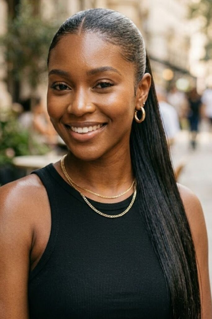 Center-Parted Slicked Back Ponytail