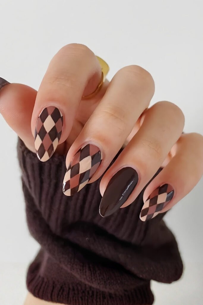 Chocolate Brown Almond Nails with Plaid Tips