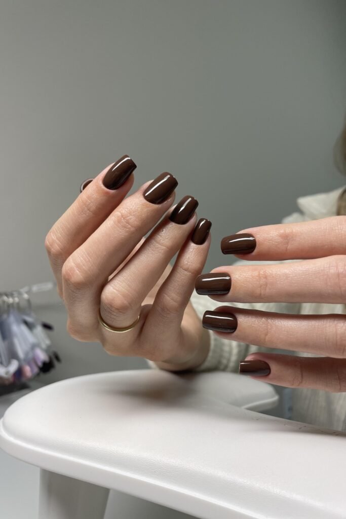 Chocolate Brown Gloss Square Nails