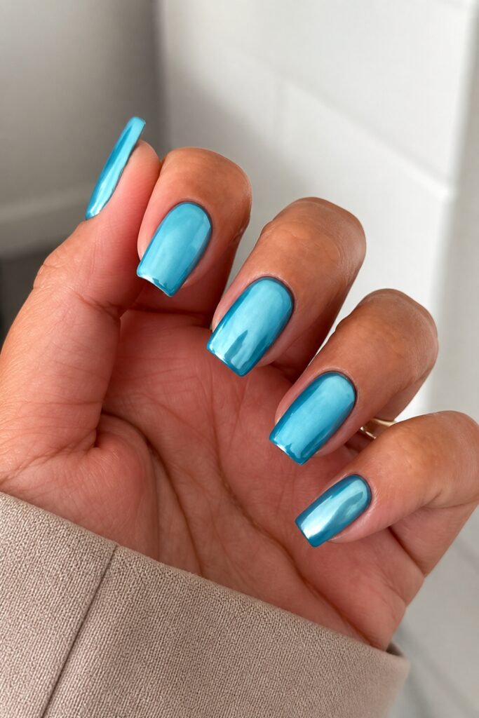 Chrome Metallic Teal Square Nails
