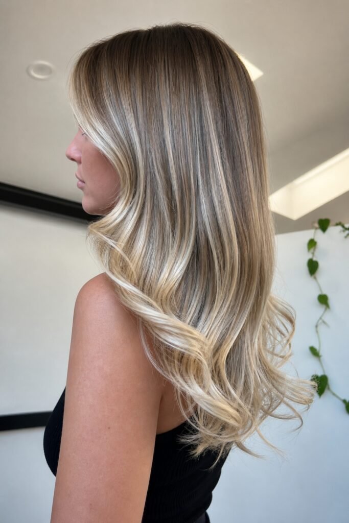 Side view of cool blonde hair with fine lowlights