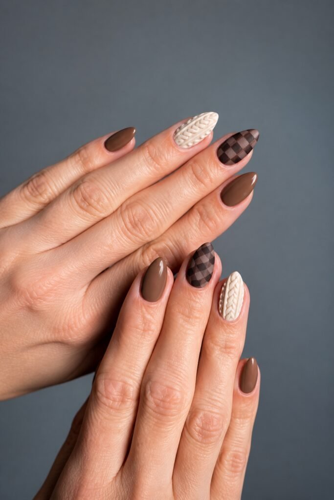 Nude almond nails with a brown checkered accent nail