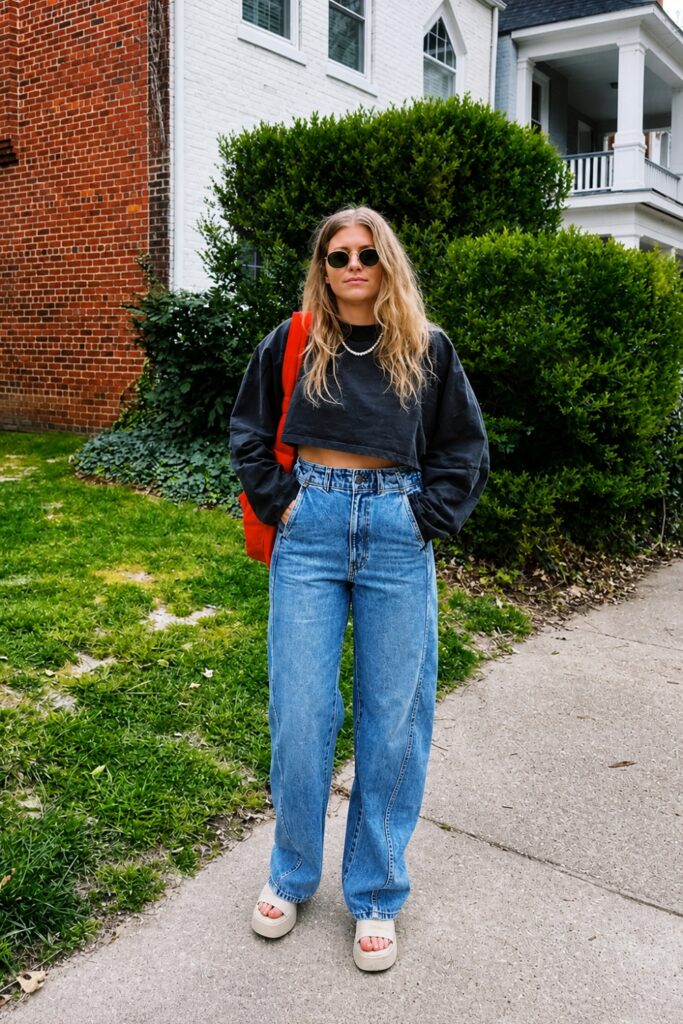 Cropped Sweatshirt With High-Waisted Jeans