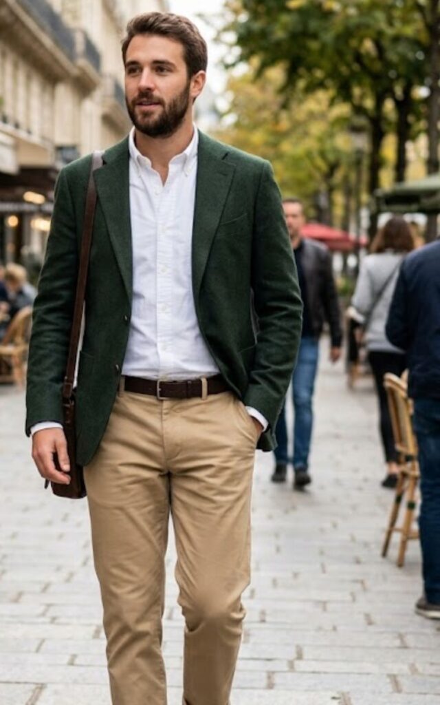 Dark green blazer with white shirt and khaki pants