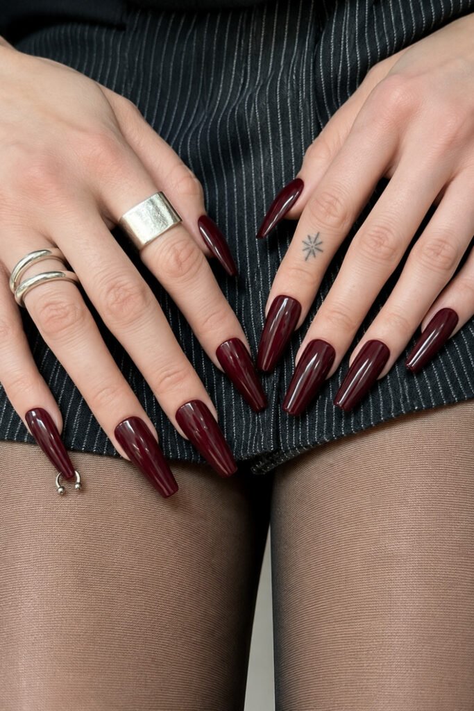 Deep Red Coffin Nails with Minimalist Accents