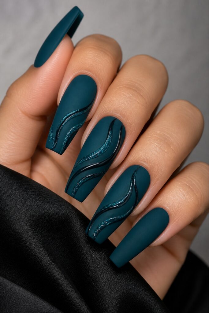 Deep Teal Matte Coffin Nails with Swirls