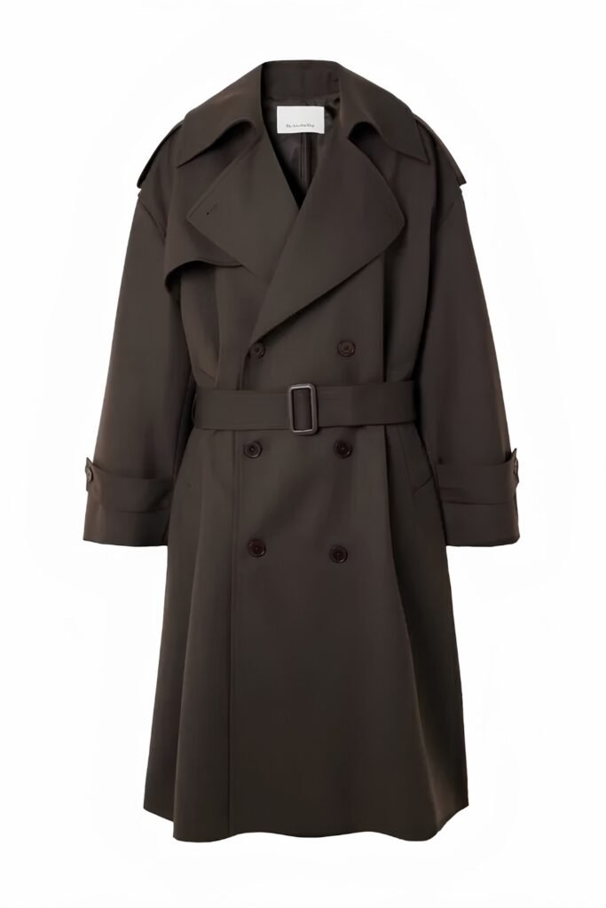Dark brown belted trench coat shown on a plain background