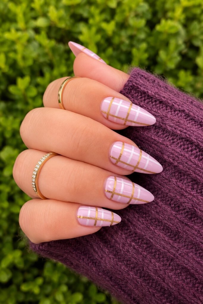 Dusty Rose Plaid Almond Nails