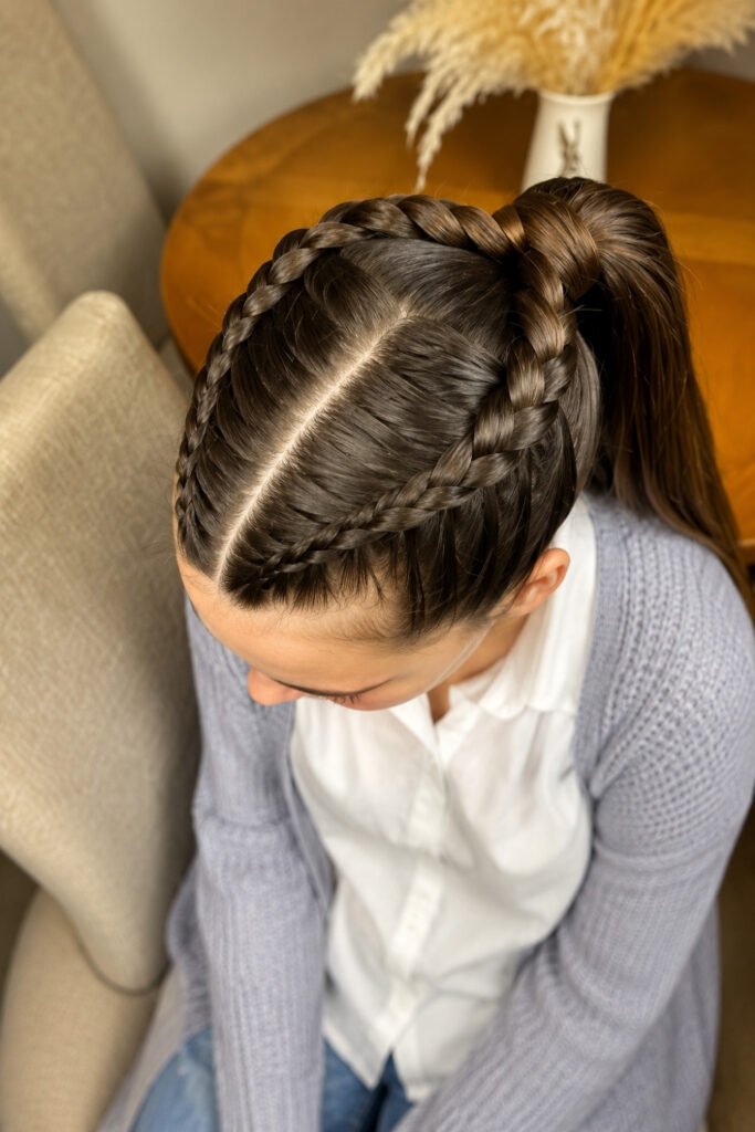 Dutch Braid into High Ponytail