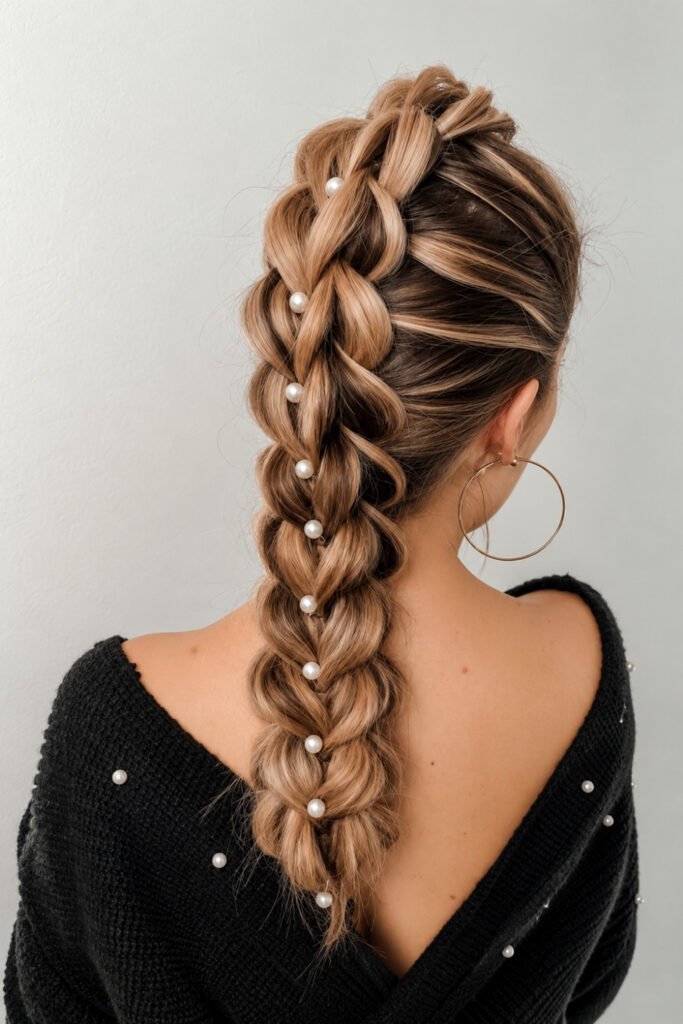 Back view of a thick Dutch braid decorated with pearls