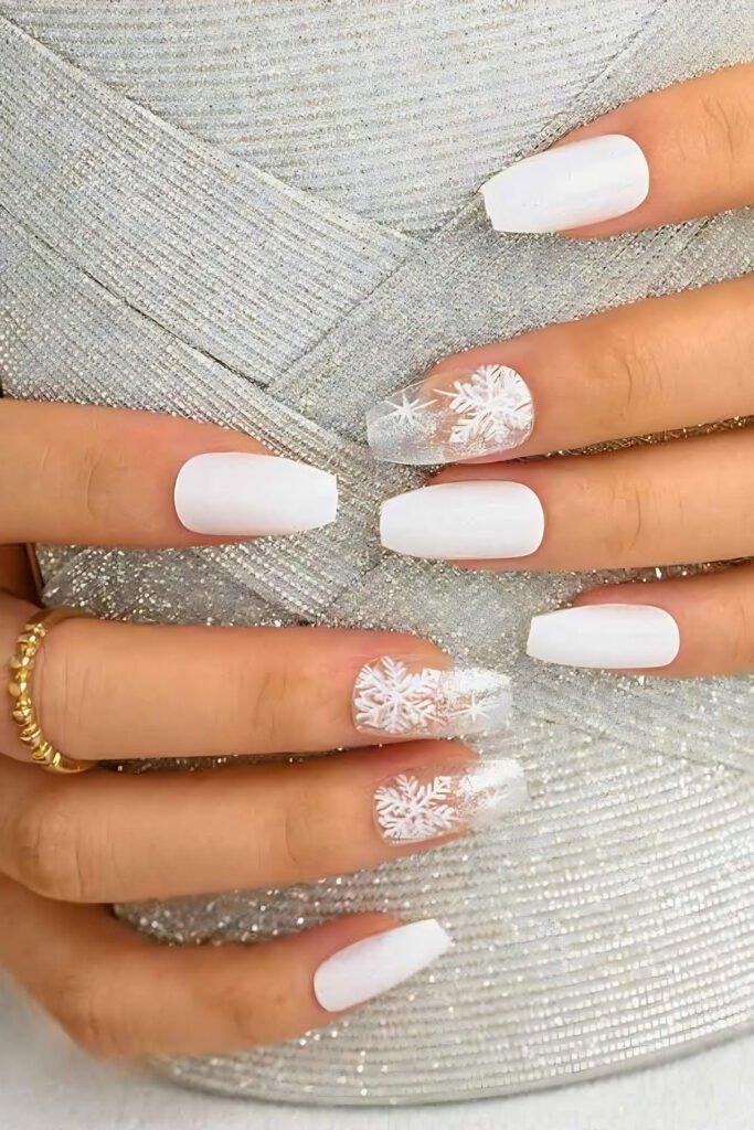 White and silver nails with snowflake detail