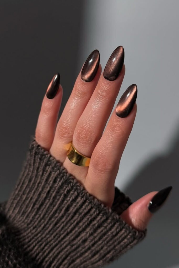 Espresso Brown Matte Nails with Gold Chrome