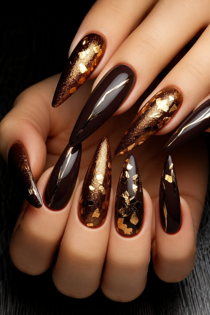 Espresso Stiletto nails With Gold Foil