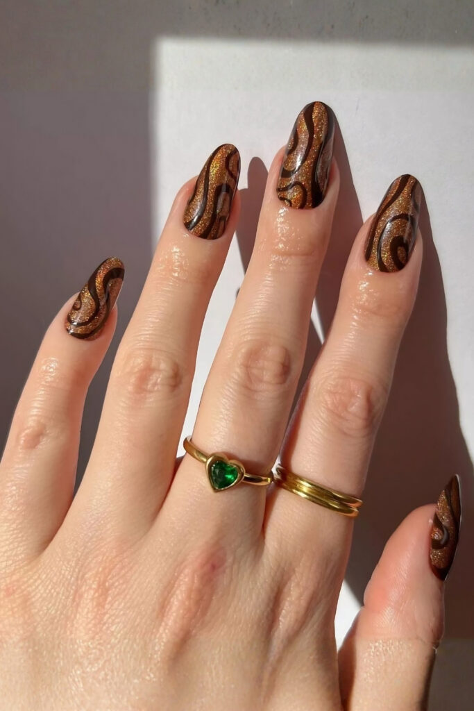 Espresso nails With Raised Gold Waves