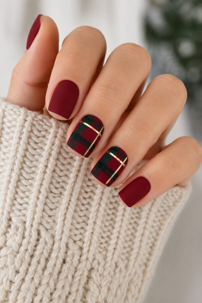 Deep red nails with tartan accent nails
