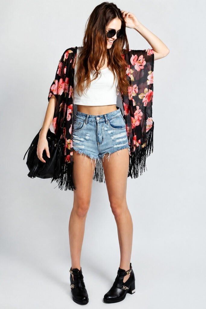 Fringe Kimono Over Bodysuit and Denim Cutoffs