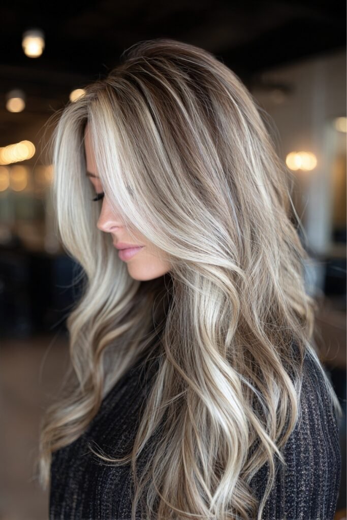 Icy beige blonde hair with darker lowlights underneath