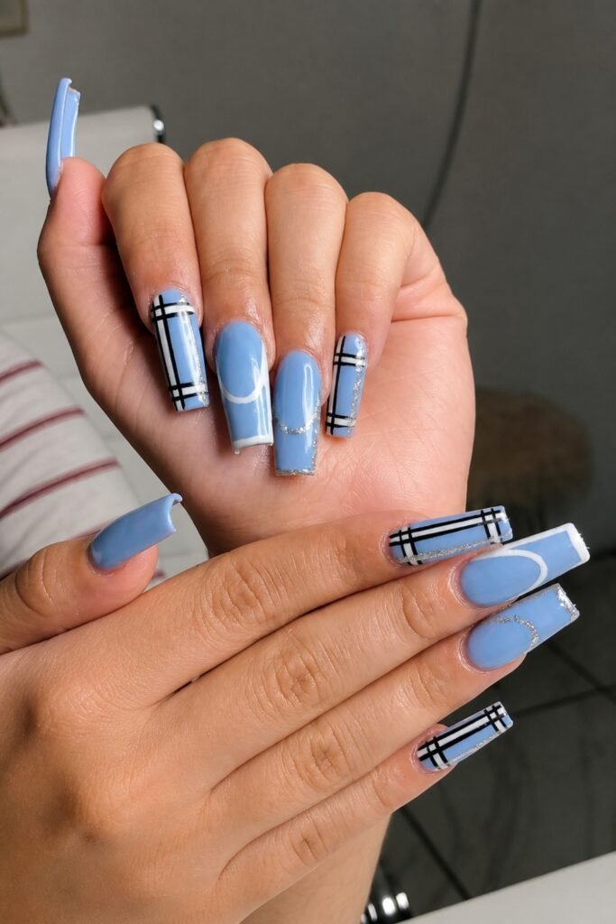 Long coffin nails in pale blue plaid