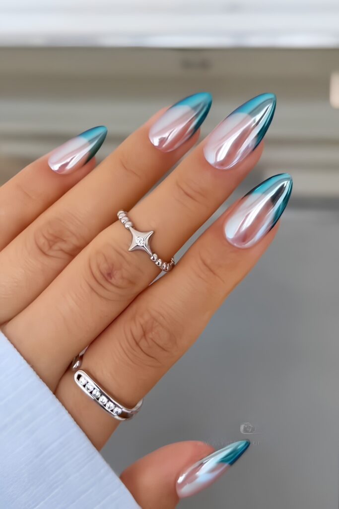 Glam Chrome Teal French Tips