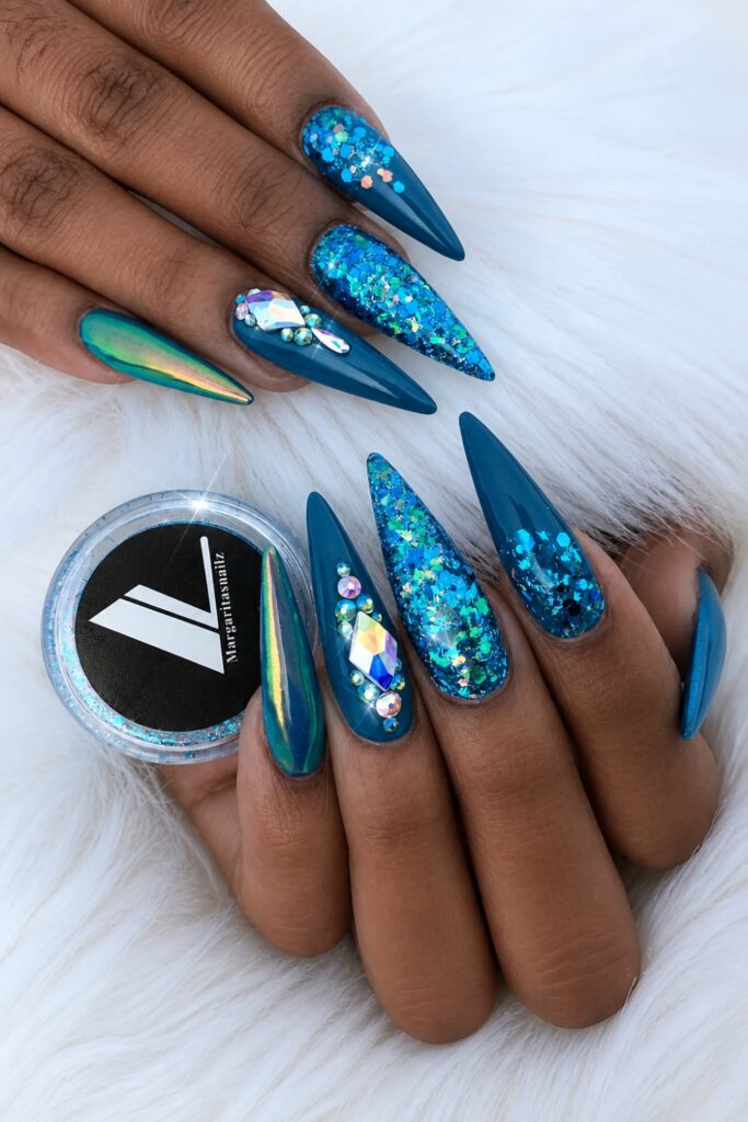 Glitter‑Tip Teal Stiletto Nails