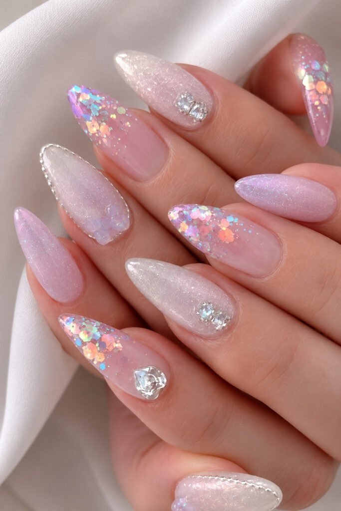 Long almond nails with a pink glitter gradient