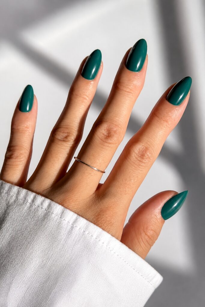Glossy Emerald Teal Almond Nails