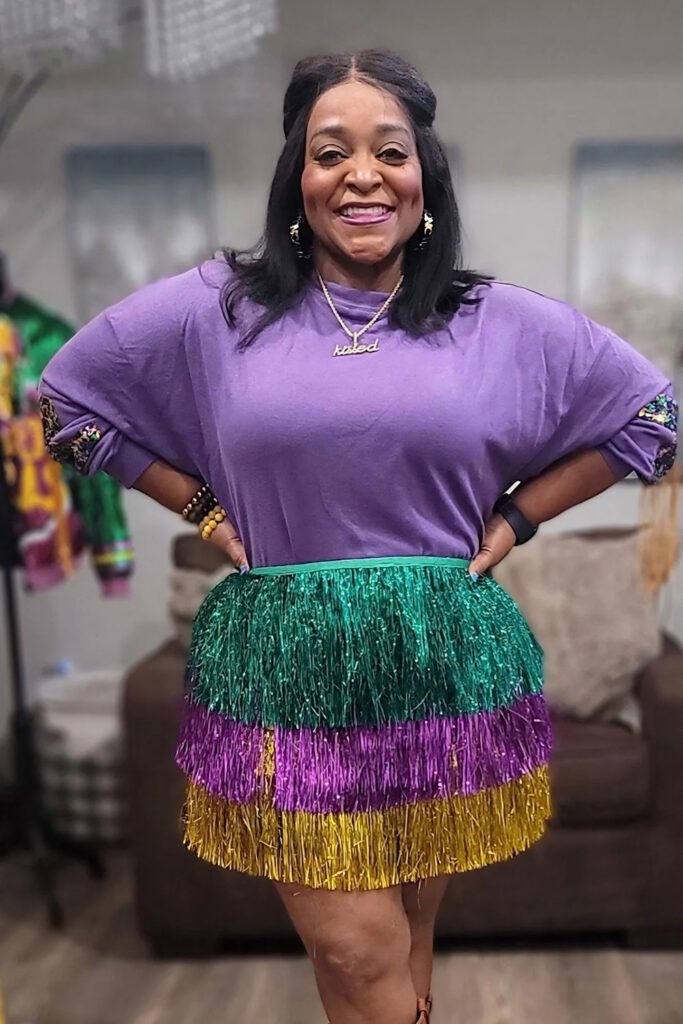 Gold Sequin Wrap Skirt with Purple Top