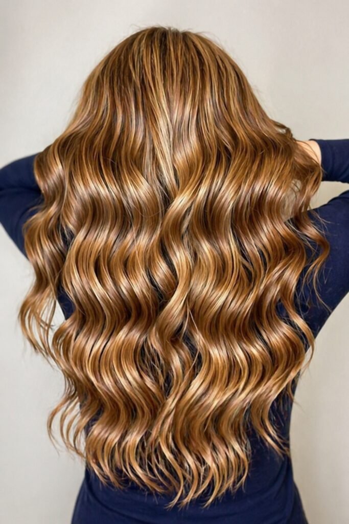 Back view of golden blonde waves with caramel lowlights