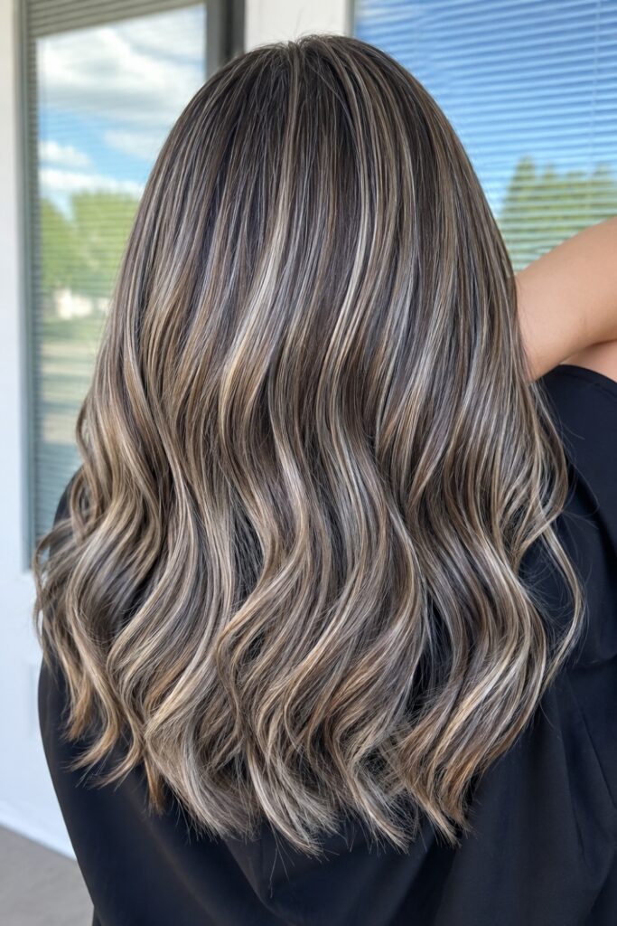 Gray Blending Root and Lowlights for Brown Hair