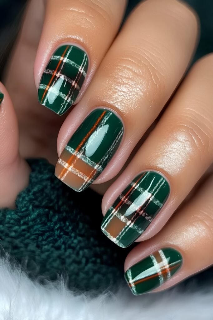 Dark green tartan nails with fine gold lines