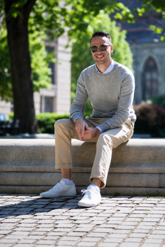 Grey sweatshirt with khaki jeans