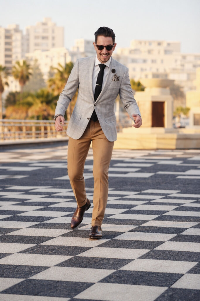 Grey wool blazer with white shirt and khaki dress pants