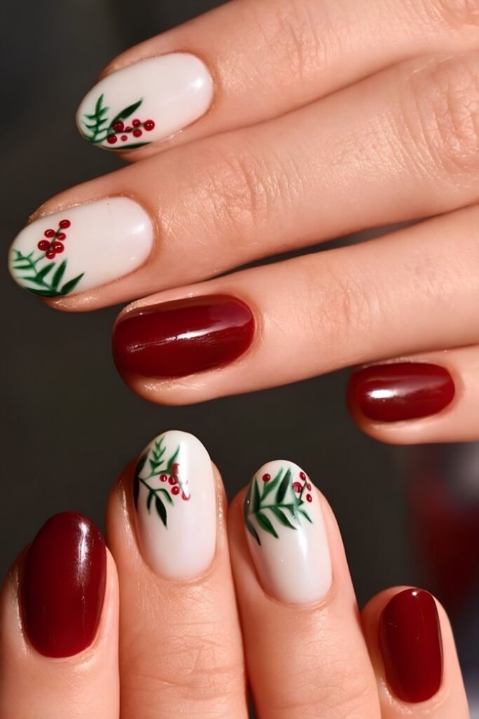 White accent nails with holly leaves beside solid red nails