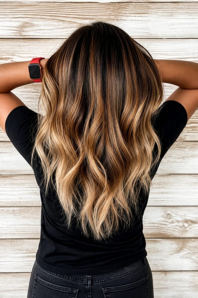 Back view of honey balayage over a deep root