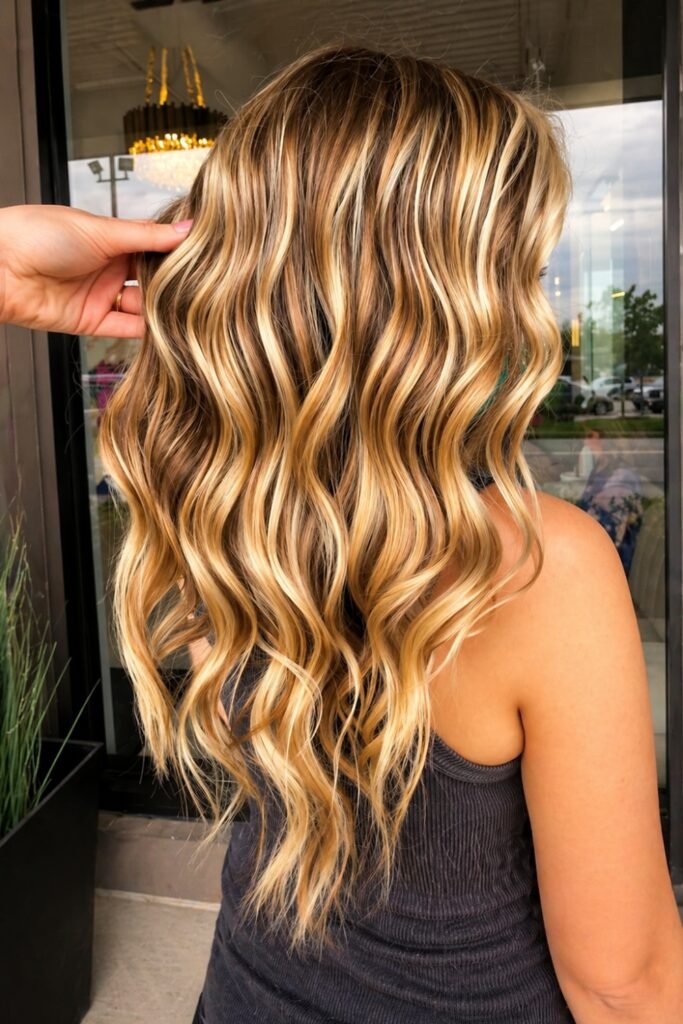 Back view of honey blonde waves melted from a darker root