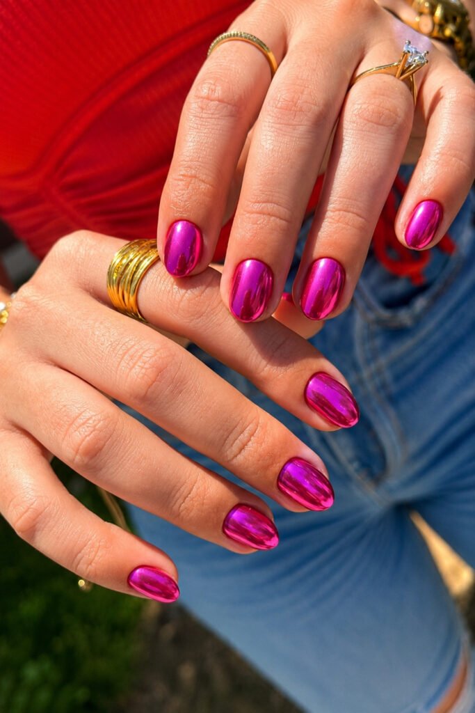 Hot Pink Chrome July Nails