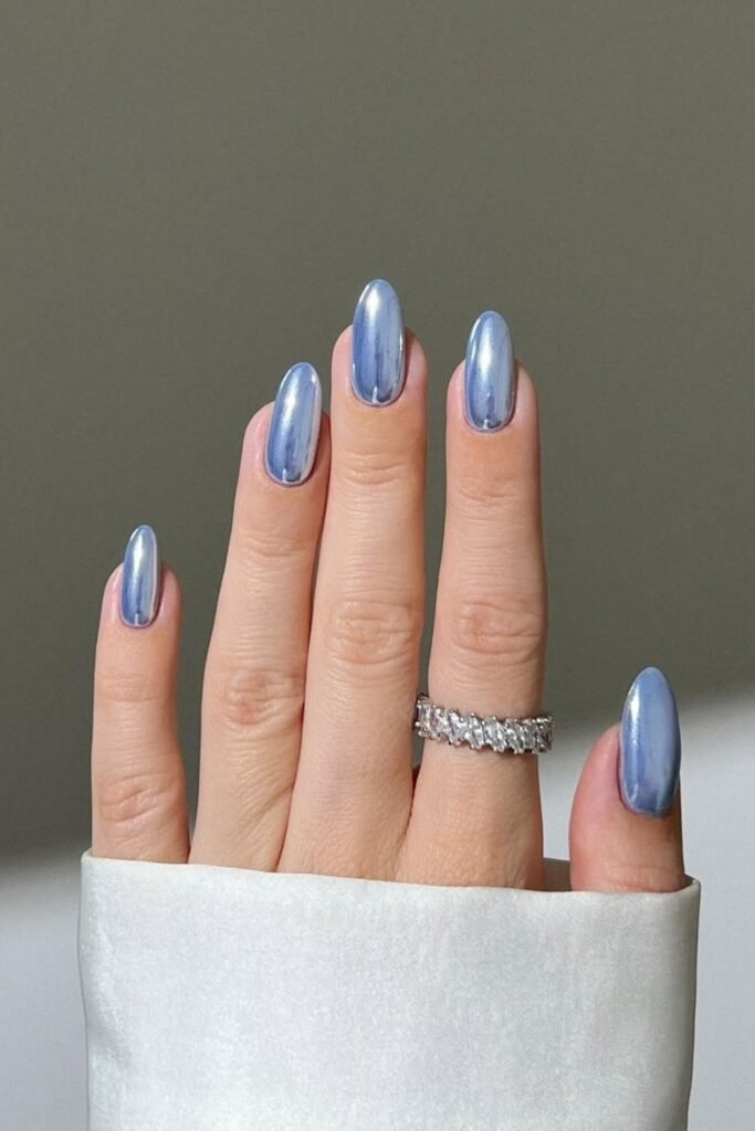 Icy Blue Chrome Square Nails