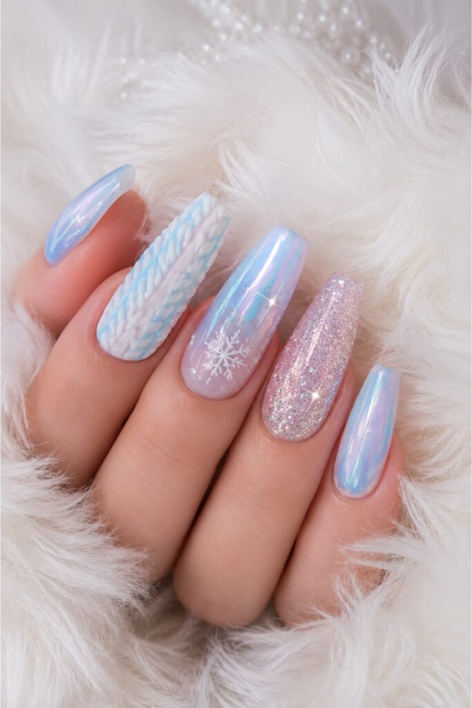 Icy blue nails fading into glitter