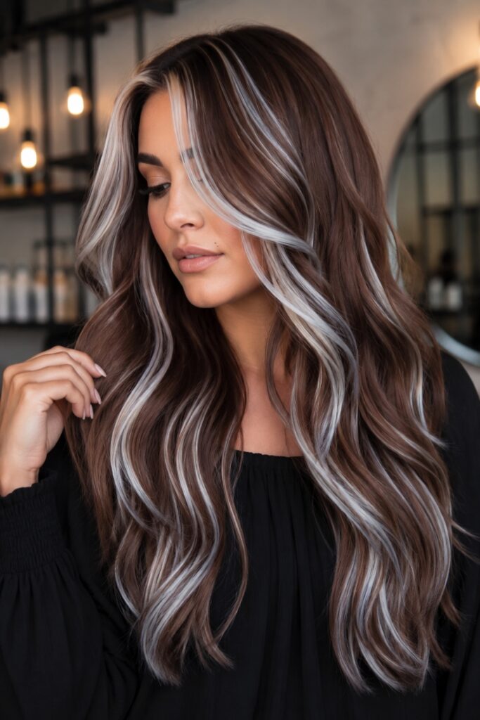 Icy Silver Streaks on Mahogany Brown