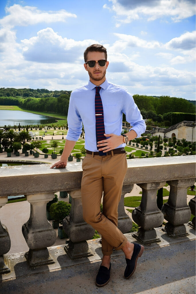 Khaki pants with a light blue shirt