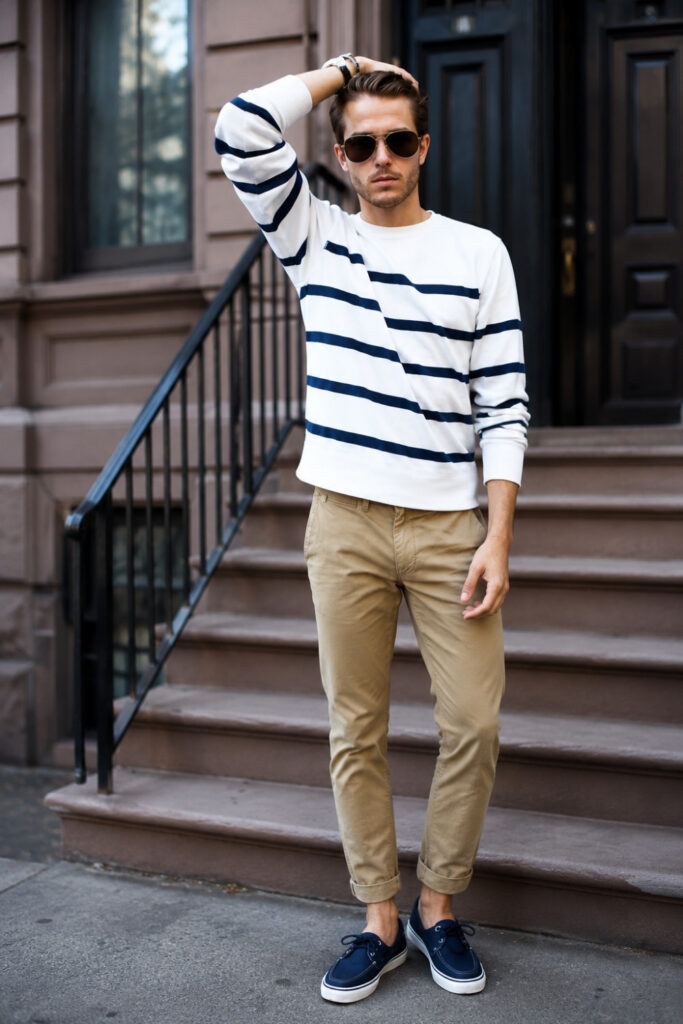 Khaki pants with a vibrant top