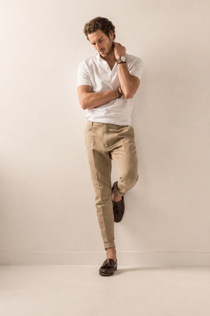 White polo with khaki jeans