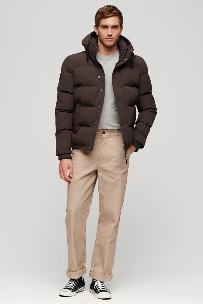 Khaki pants with dark brown puffer jacket