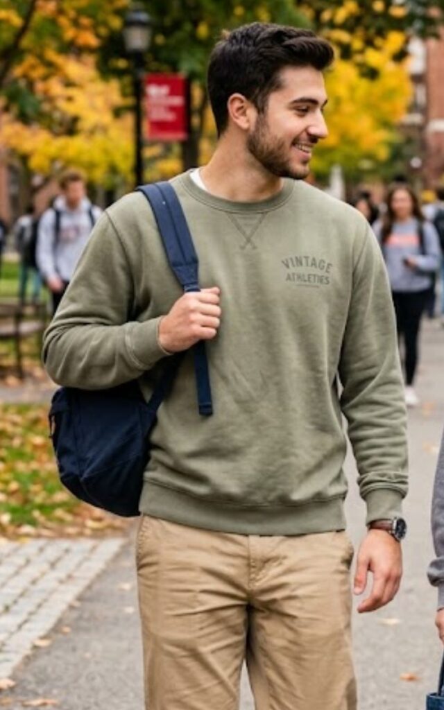 Khaki pants with favorite sweatshirt