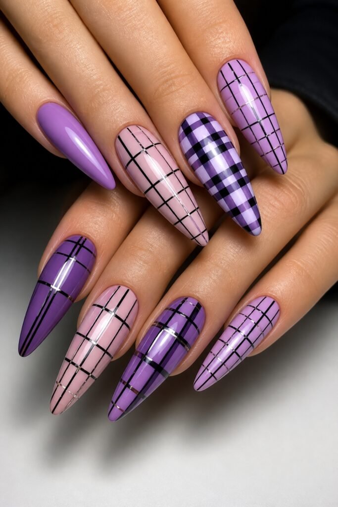 Long nails in lavender and purple plaid