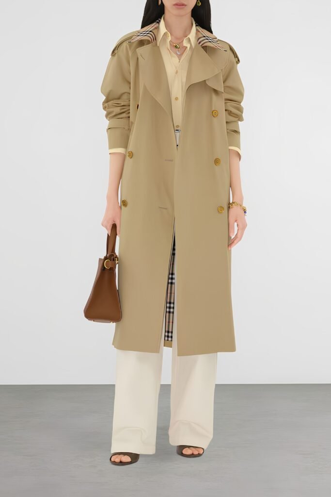 Woman in a long khaki trench coat with cream trousers and a brown bag