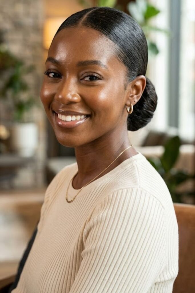 Low Slicked Back Bun with Middle Part