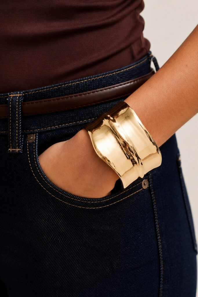 Gold matte and polished contrast cuff bracelet on the wrist